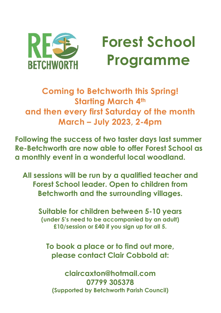 Poster promoting a forest school programme - for more details call clair on 07799 305378
